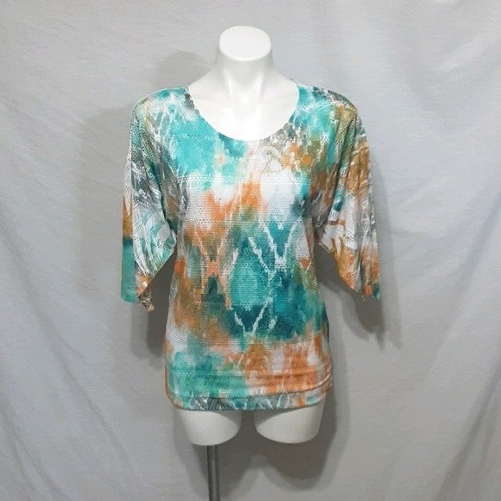 Reba Multicolor Tie Dye Print Top Small Teal Orange Gold Shimmery Boho Blouse